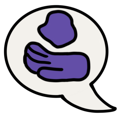 a speech bubble with the tail coming from the right. in it is a purple hand, also coming from the right, being held under a purble blob.